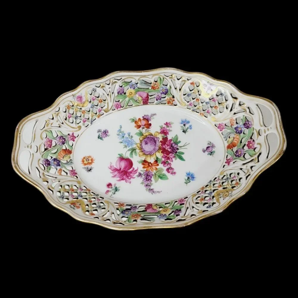 Dresden‎ Schumann Bavaria Candy Fruit Footed Pedestal Oval Floral Bowl Compote
